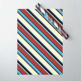 [ Thumbnail: Light Yellow, Deep Sky Blue, Brown & Black Colored Lines/Stripes Pattern Wrapping Paper ]