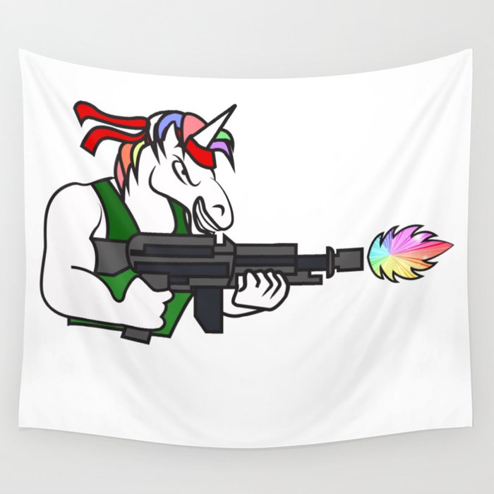 Unicorn rainbow machine gun shooting weapon fighter soldier gift idea Wall Tapestry