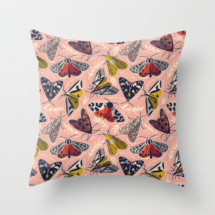 Quirky beautiful moths // vivid tangerine coral textured background oxford navy blue ivory yellow and red tiger moth insects Throw Pillow