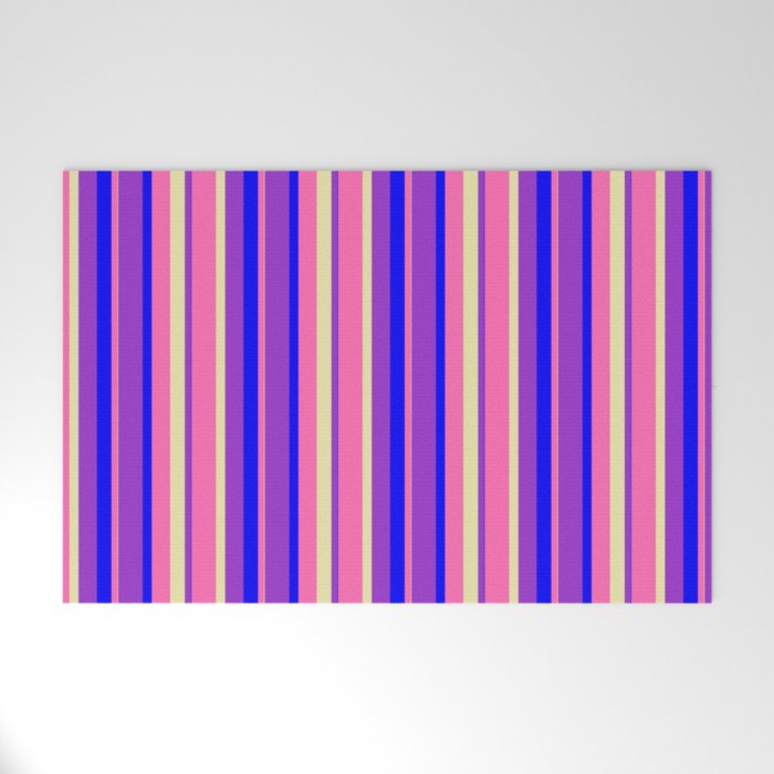 Hot Pink, Pale Goldenrod, Dark Orchid & Blue Colored Stripes Pattern Welcome Mat