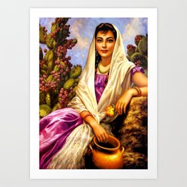 Painting of a Mexican Calendar Girl with Cream Shawl Art Print