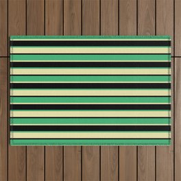 [ Thumbnail: Sea Green, Pale Goldenrod & Black Colored Lines Pattern Outdoor Rug ]