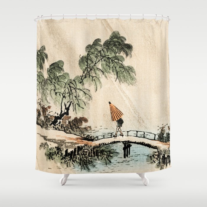 Man Crossing A Bridge Traditional Japanese Landscape Shower Curtain