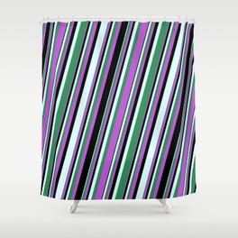 [ Thumbnail: Orchid, Black, Light Cyan, and Sea Green Colored Lined/Striped Pattern Shower Curtain ]