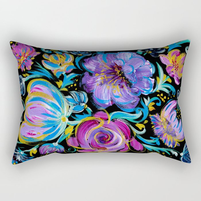 Colorful floral abstraction #3 acrylic painting , flower acrylic painting on a black background, Rectangular Pillow