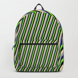 [ Thumbnail: Eye-catching Tan, Dark Grey, Midnight Blue, Chartreuse, and Black Colored Stripes/Lines Pattern Backpack ]