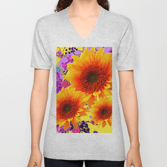 Colorful Sunflowers Purple Floral Art V Neck T Shirt