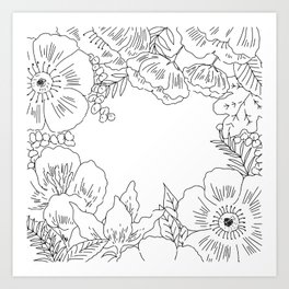 Illustration of botanical frame of many flowers and leaves Art Print