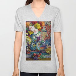 Gold Fish bowl, Fruits, Flowers, and Peonies still life portrait painting by Kathryn Evelyn Cherry V Neck T Shirt
