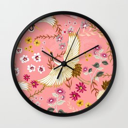 Chinoiserie cranes on pink, birds, flowers,  Wall Clock | Palepink, Chinoiserie, Japanese, Cranes, Birds, Pretty, Pink, Painting, Retro, Flowers 