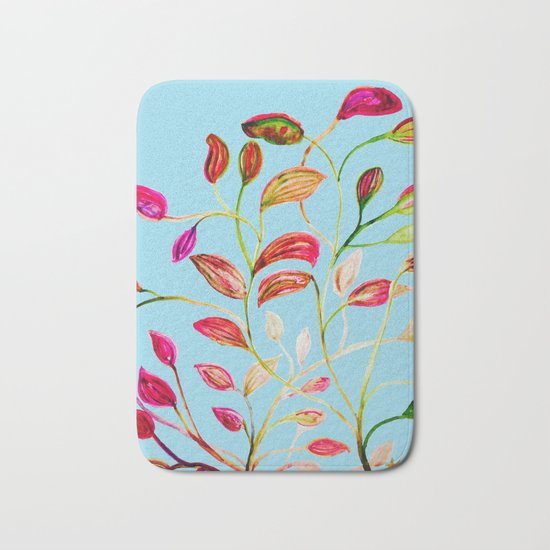 Red and Green Leaves on Light Blue Bath Mat