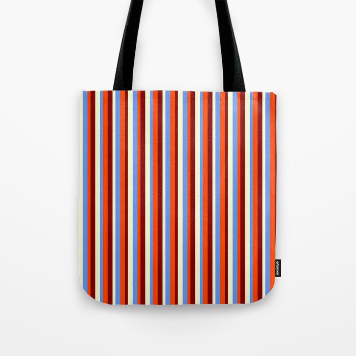 Cornflower Blue, Red, Maroon & Light Yellow Colored Striped Pattern Tote Bag