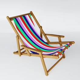 [ Thumbnail: Vibrant Violet, Dark Blue, Green, Red, and Light Cyan Colored Lines Pattern Sling Chair ]