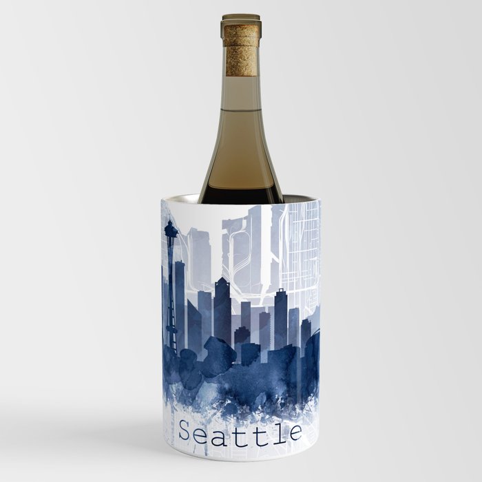 Seattle Skyline & Map Watercolor Navy Blue, Print by Zouzounio Art Wine Chiller