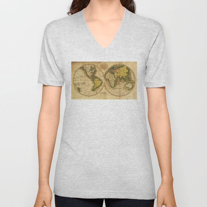 Map of the World by Mathew Carey (1795) V Neck T Shirt