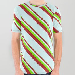 [ Thumbnail: Chartreuse, Red & Light Cyan Colored Lined/Striped Pattern All Over Graphic Tee ]