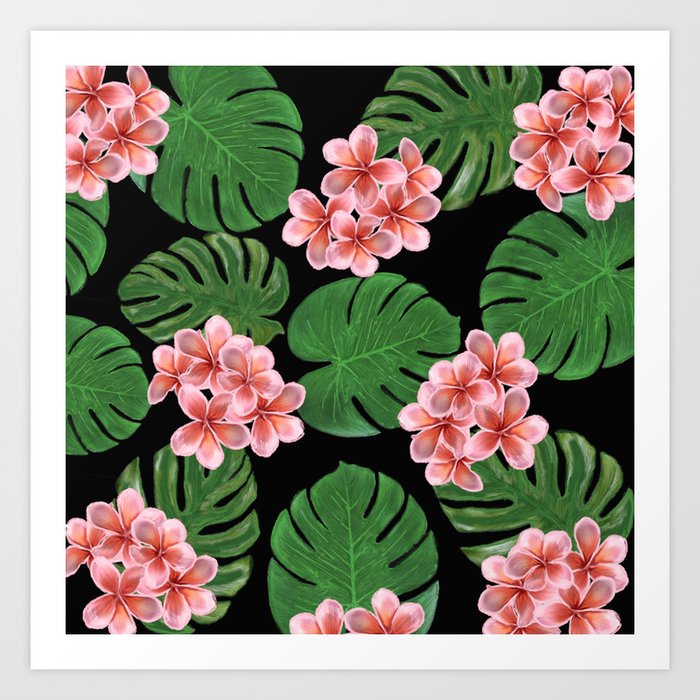 Tropical Floral Print Black Art Print by Everett Co. | Society6