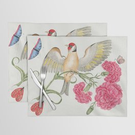 Illustration of a brown bird with red head on carnation stem with butterflies Placemat