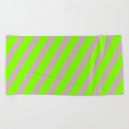 [ Thumbnail: Chartreuse & Plum Colored Striped/Lined Pattern Beach Towel ]