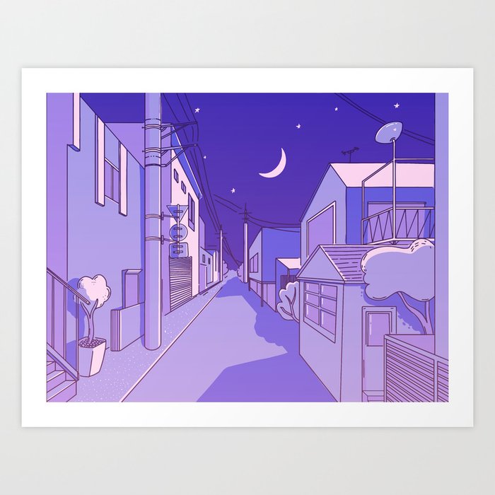 Night Asian Street In Residental Area Peaceful Alleyway Japanese Aesthetics Illustration Violet Sky With Stars Wires And Moon Art Print By Anna Kutukova Society6