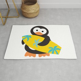 Surfing penguin, yellow board Area & Throw Rug