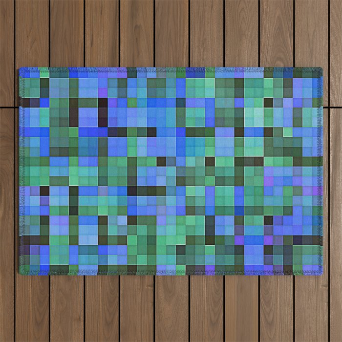 Blue Violet Green Pixels Outdoor Rug