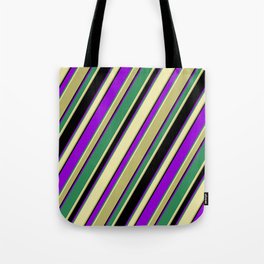[ Thumbnail: Colorful Sea Green, Pale Goldenrod, Dark Khaki, Black & Dark Violet Colored Lined Pattern Tote Bag ]