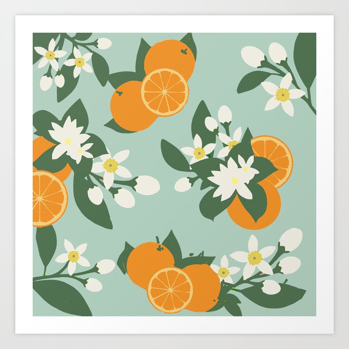 Orange Blossom Floral Pattern Sea Foam Art Print by The Ophelia