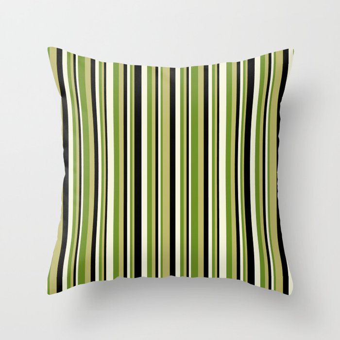 Dark Khaki, Green, Beige, and Black Colored Lined Pattern Throw Pillow
