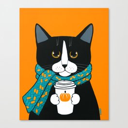 Tuxedo Autumn Pumpkin Coffee Cat Canvas Print