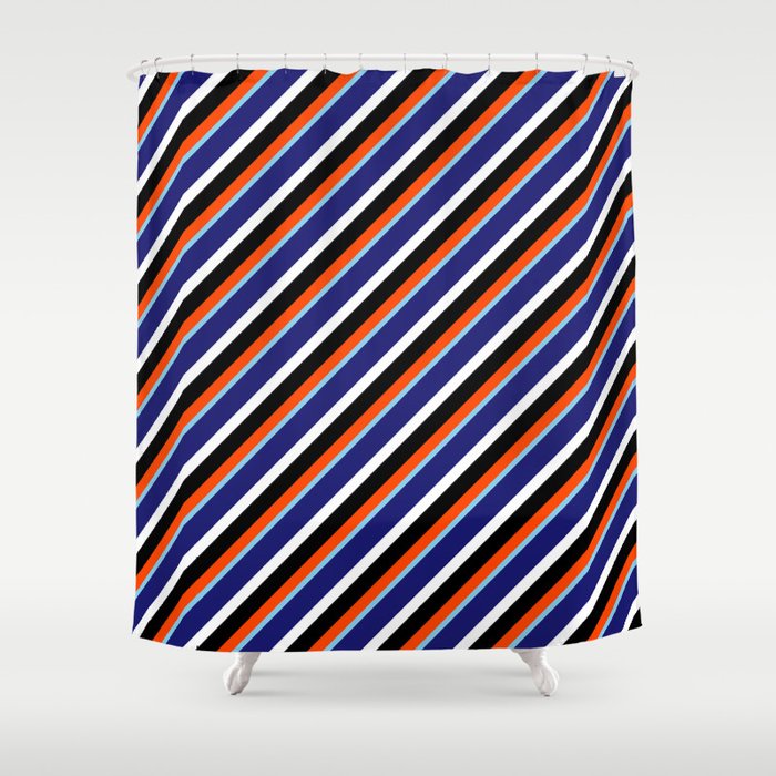 Red, Sky Blue, Midnight Blue, White, and Black Colored Lines/Stripes Pattern Shower Curtain