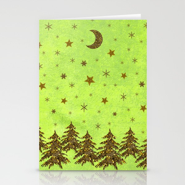 Sparkly Christmas tree, stars, moon on abstract green paper Stationery Cards
