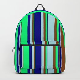 [ Thumbnail: Dark Blue, Green, Brown, and Powder Blue Colored Lines/Stripes Pattern Backpack ]