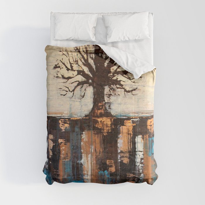 Abstract Tree - Teal and Brown Landscape Painting Comforter