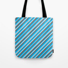 [ Thumbnail: Deep Sky Blue, Light Blue, and Dim Grey Colored Striped/Lined Pattern Tote Bag ]