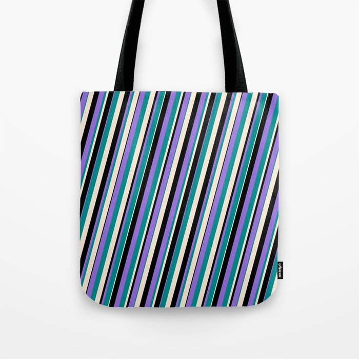 Purple, Dark Cyan, Beige & Black Colored Striped Pattern Tote Bag