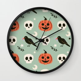 Halloween seamless pattern with ravens, skulls and pumpkin. Cute spooky illustration. Trick or treat holiday background. Hand drawn endless texture Wall Clock