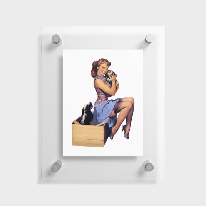 Brunette Pin Up Blue Skirt And Shoes Two Dogs Puppies Floating Acrylic Print
