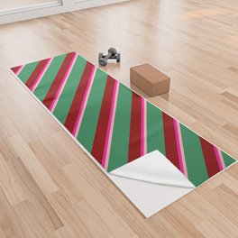 [ Thumbnail: Light Pink, Deep Pink, Dark Red & Sea Green Colored Striped Pattern Yoga Towel ]