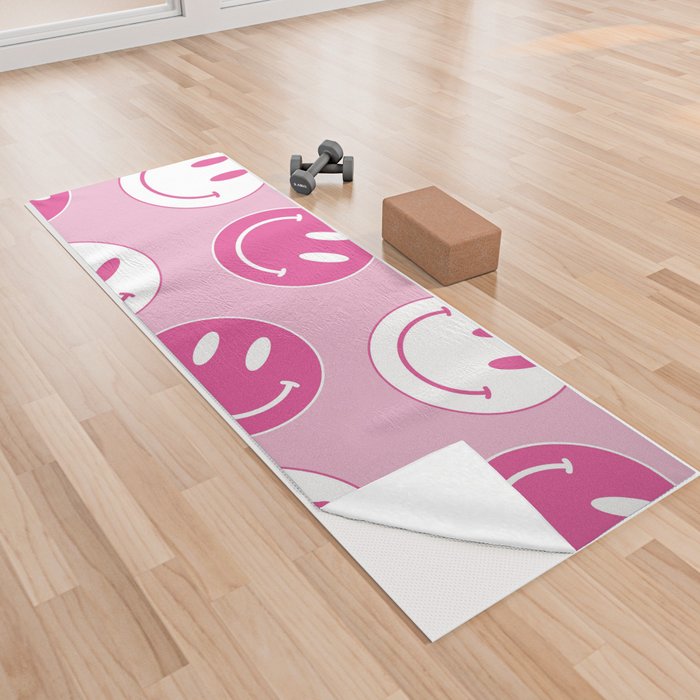 Large Pink and White Smiley Face - Preppy Aesthetic Decor Yoga Towel