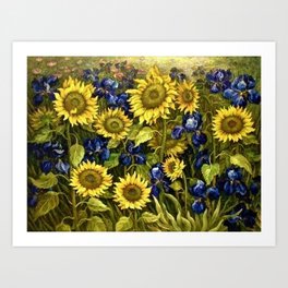 Sunflowers & Blue Irises by Vincent van Gogh Art Print