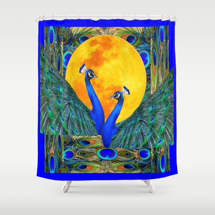 FULL GOLDEN MOON & 2  BLUE PEACOCKS PATTERN ART Shower Curtain