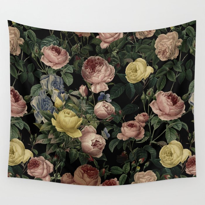 Vintage Roses and Iris Pattern - Dark Dreams Wall Tapestry
