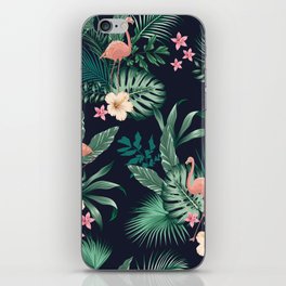  seamless tropical pattern with lush foliage, flowers, pink flamingos. Exotic floral design with monstera leaves, areca palm leaf, hibiscus, frangipani.  iPhone Skin