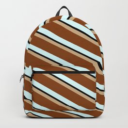[ Thumbnail: Tan, Brown, Light Cyan, and Black Colored Stripes/Lines Pattern Backpack ]