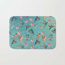 Vintage Watercolor hummingbirds and fuchsia flowers Bath Mat