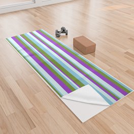 [ Thumbnail: Sky Blue, Green, Dark Orchid, and Light Cyan Colored Striped Pattern Yoga Towel ]