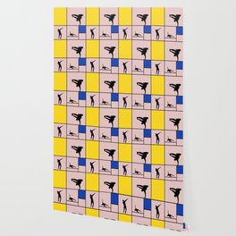 Street dancing like Piet Mondrian - Yellow, and Blue on the pink background Wallpaper