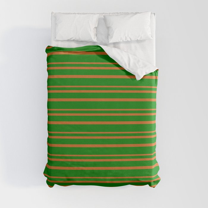 Green & Chocolate Colored Lined/Striped Pattern Duvet Cover