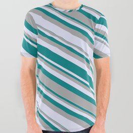[ Thumbnail: Dark Grey, Lavender, and Teal Colored Stripes Pattern All Over Graphic Tee ]